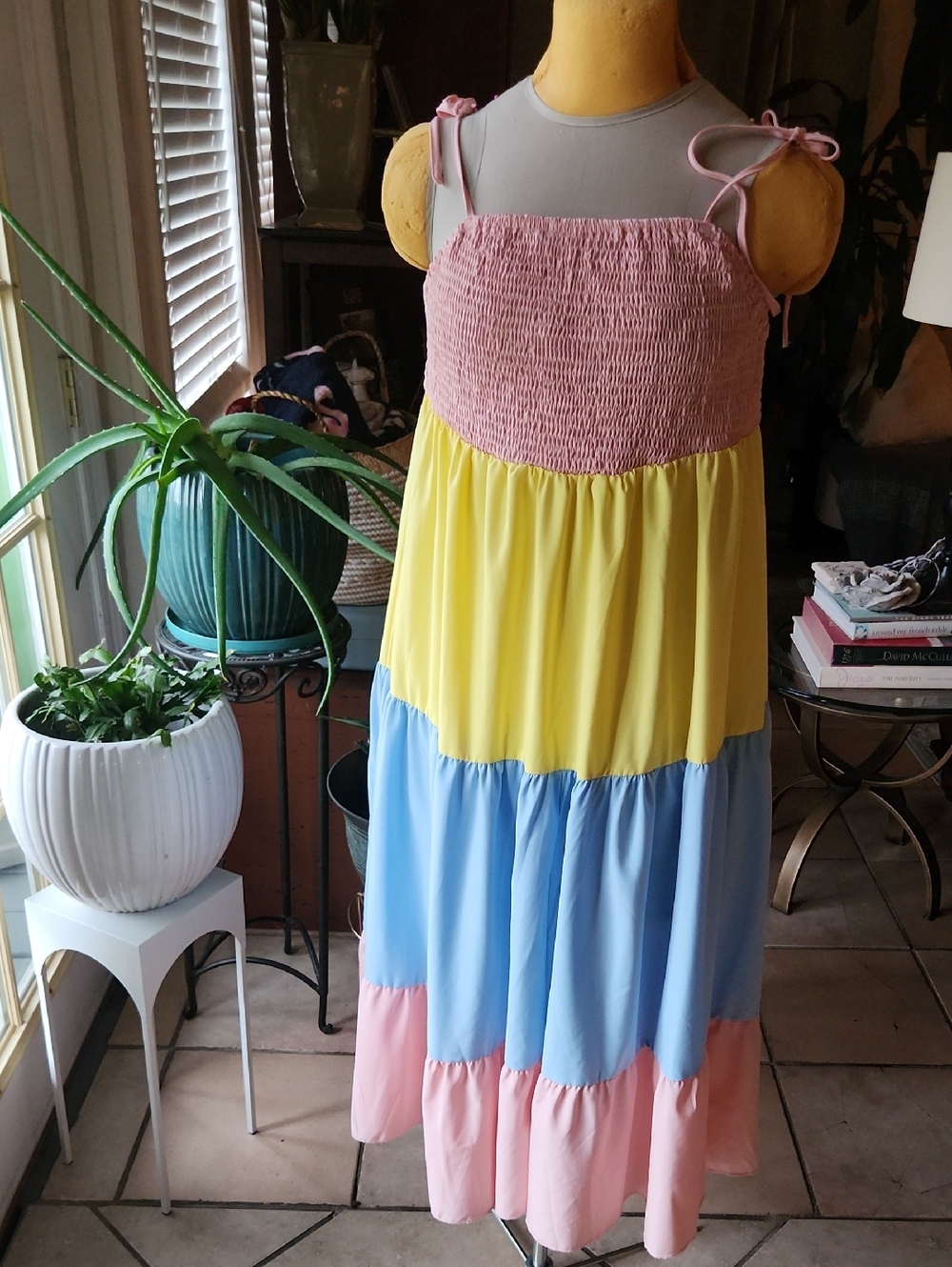 SHEIN Pink Yellow Blue Colorblock Tiered Sun Dress, Sz 1X